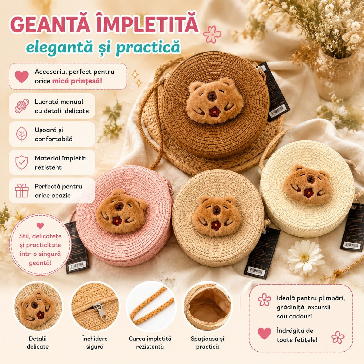 Geanta Impletita pentru Copii cu Animalut Pufos - Model Aleatoriu