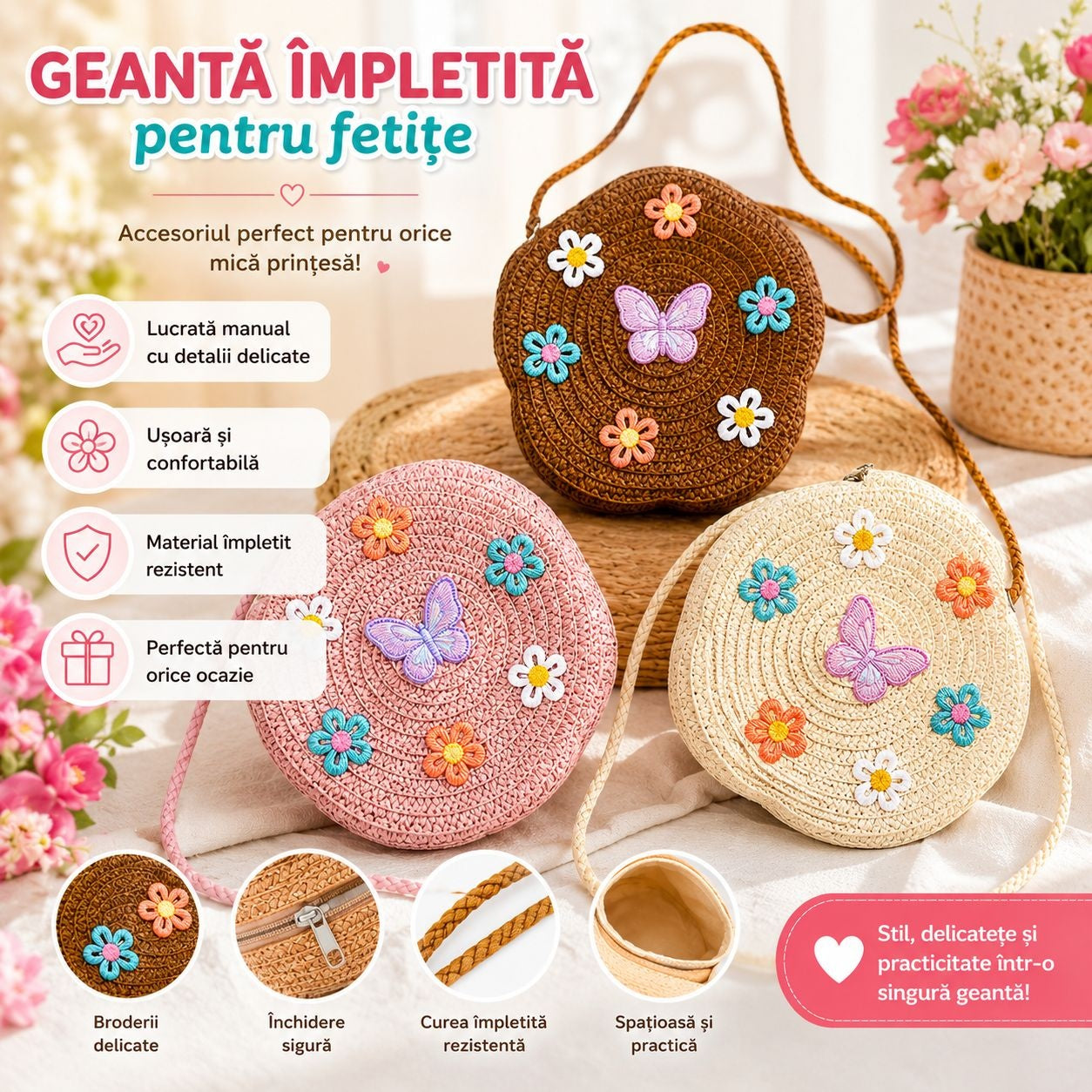 Geanta Impletita pentru Copii cu Fluturas si Flori - Model Aleatoriu
