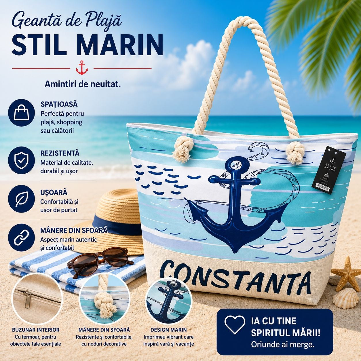 Geantă Mare de Plajă cu Ancoră – Geantă Spațioasă cu Mânere din Sfoară