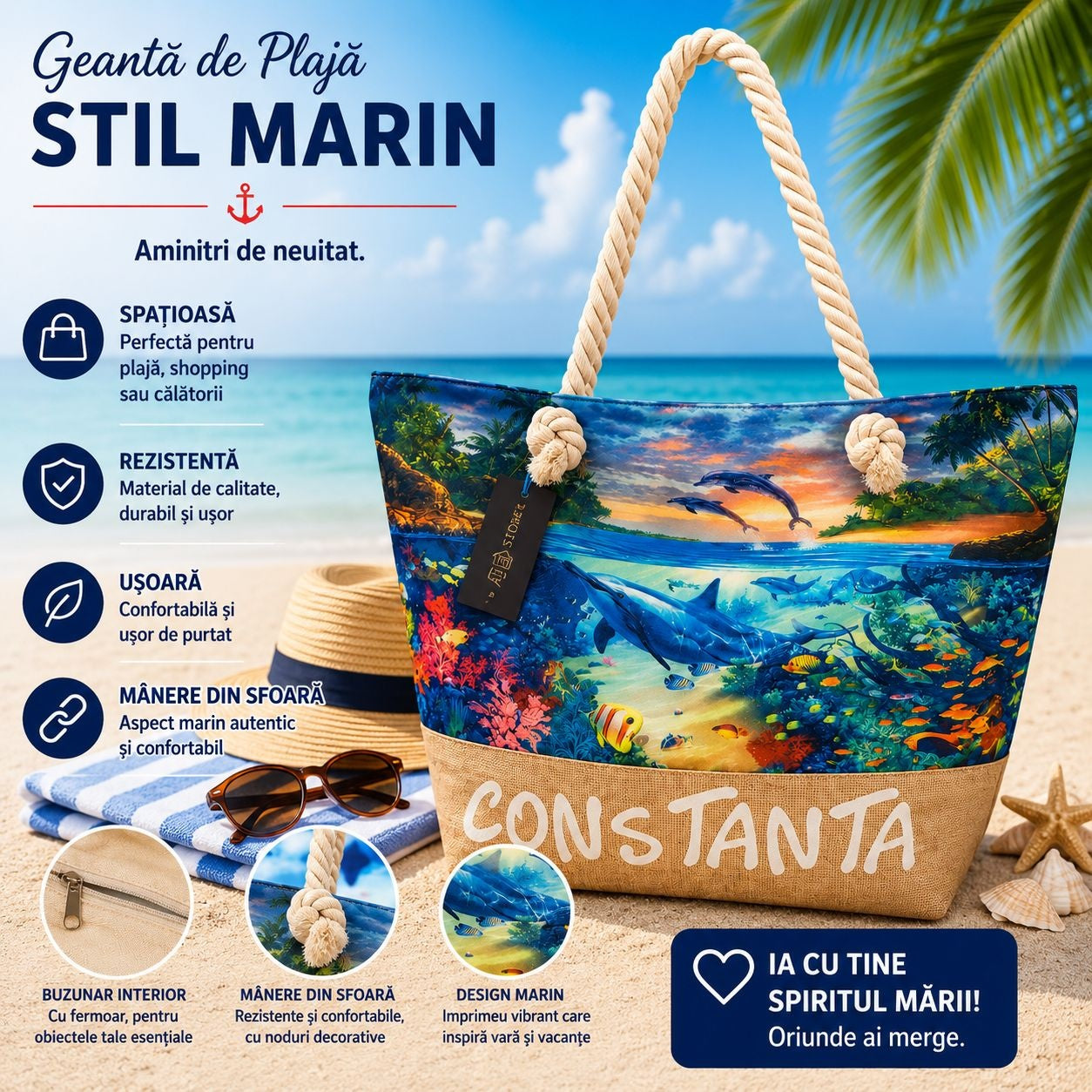 Geantă Mare de Plajă cu Delfini și Design Marin – Tote Spațioasă pentru Vacanță