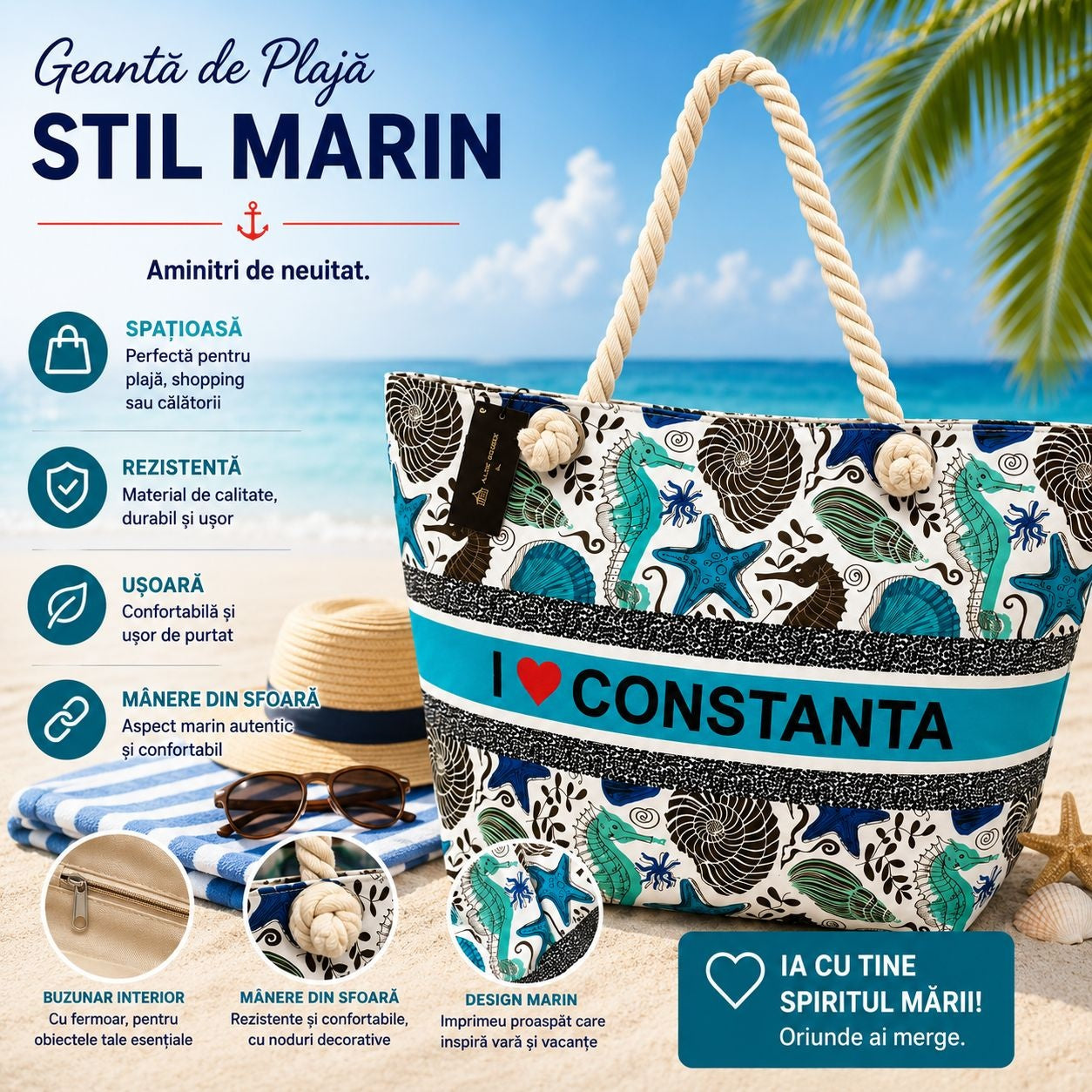Geantă Mare de Plajă cu Design Marin – Model I Love Constanța cu Mânere din Sfoară