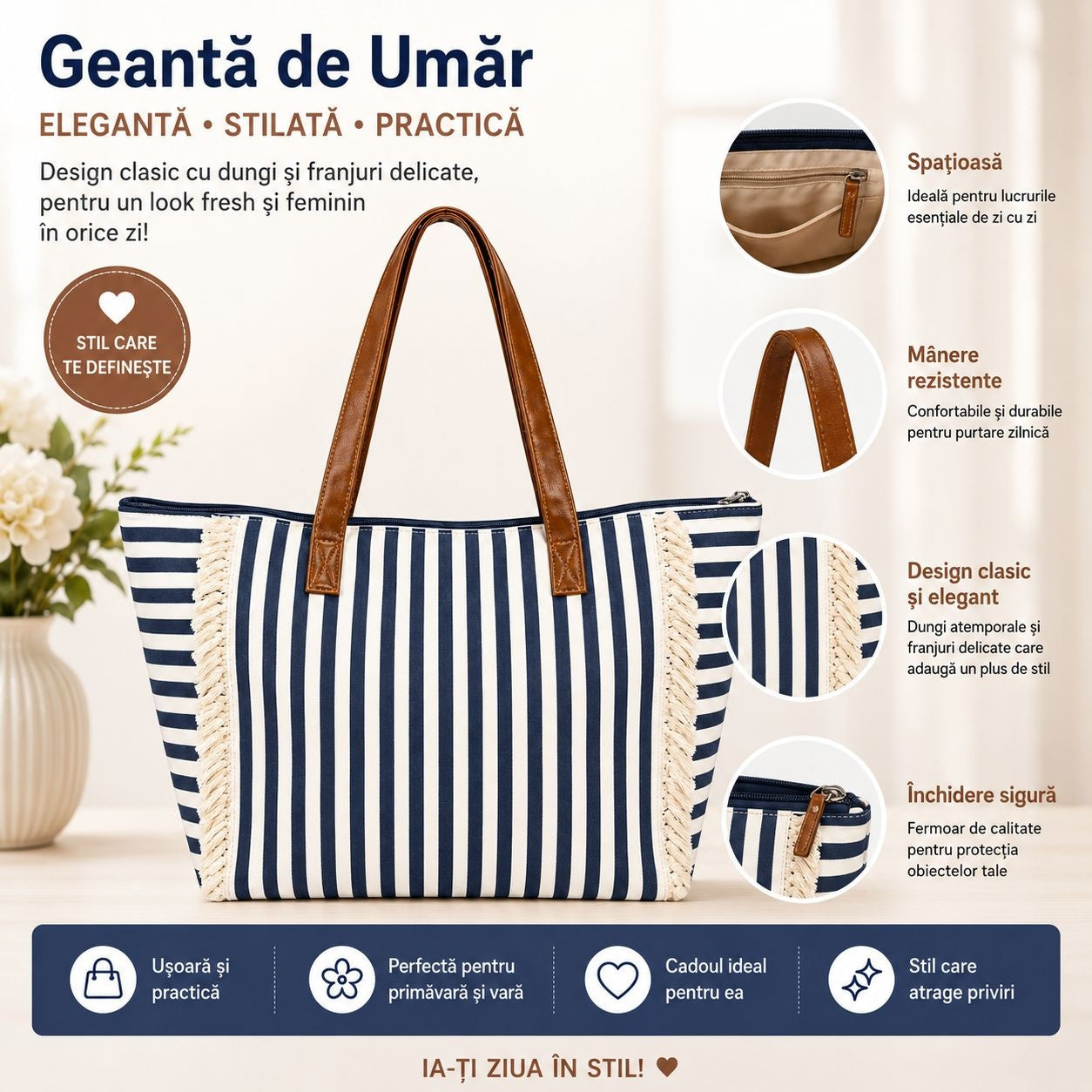 Geantă Mare de Plajă cu Dungi și Mânere Tip Piele – Elegantă, Spațioasă și Practică