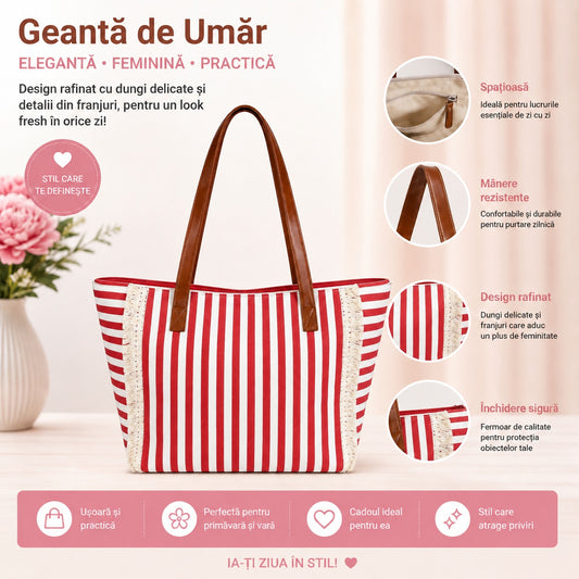 Geantă Mare de Plajă cu Mânere Tip Piele – Model Elegant în Dungi Roșii și Franjuri