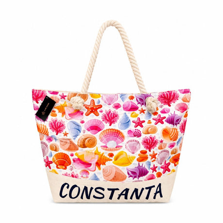Geantă Mare de Plajă cu Scoici Colorate – Tote Spațioasă cu Mânere din Sfoară