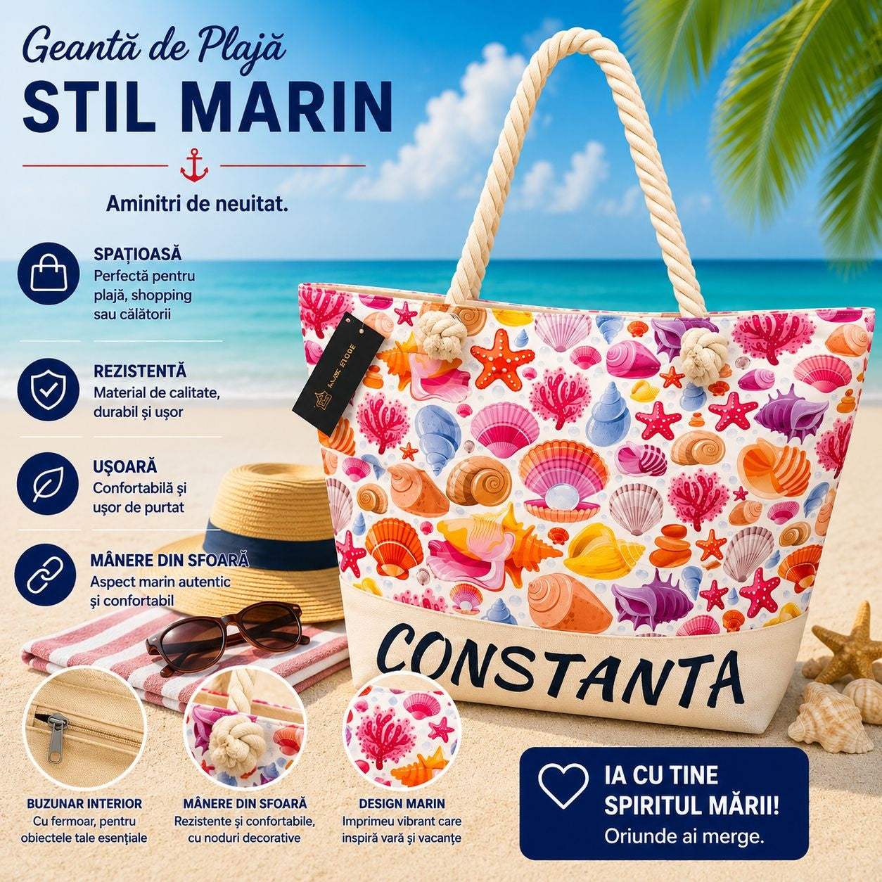 Geantă Mare de Plajă cu Scoici Colorate – Tote Spațioasă cu Mânere din Sfoară
