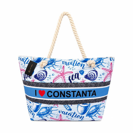 Geantă Mare de Plajă I Love Constanța – Geantă Stil Marin cu Mânere din Sfoară