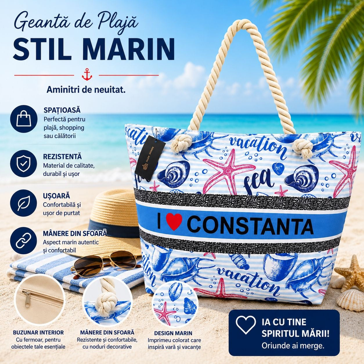 Geantă Mare de Plajă I Love Constanța – Geantă Stil Marin cu Mânere din Sfoară