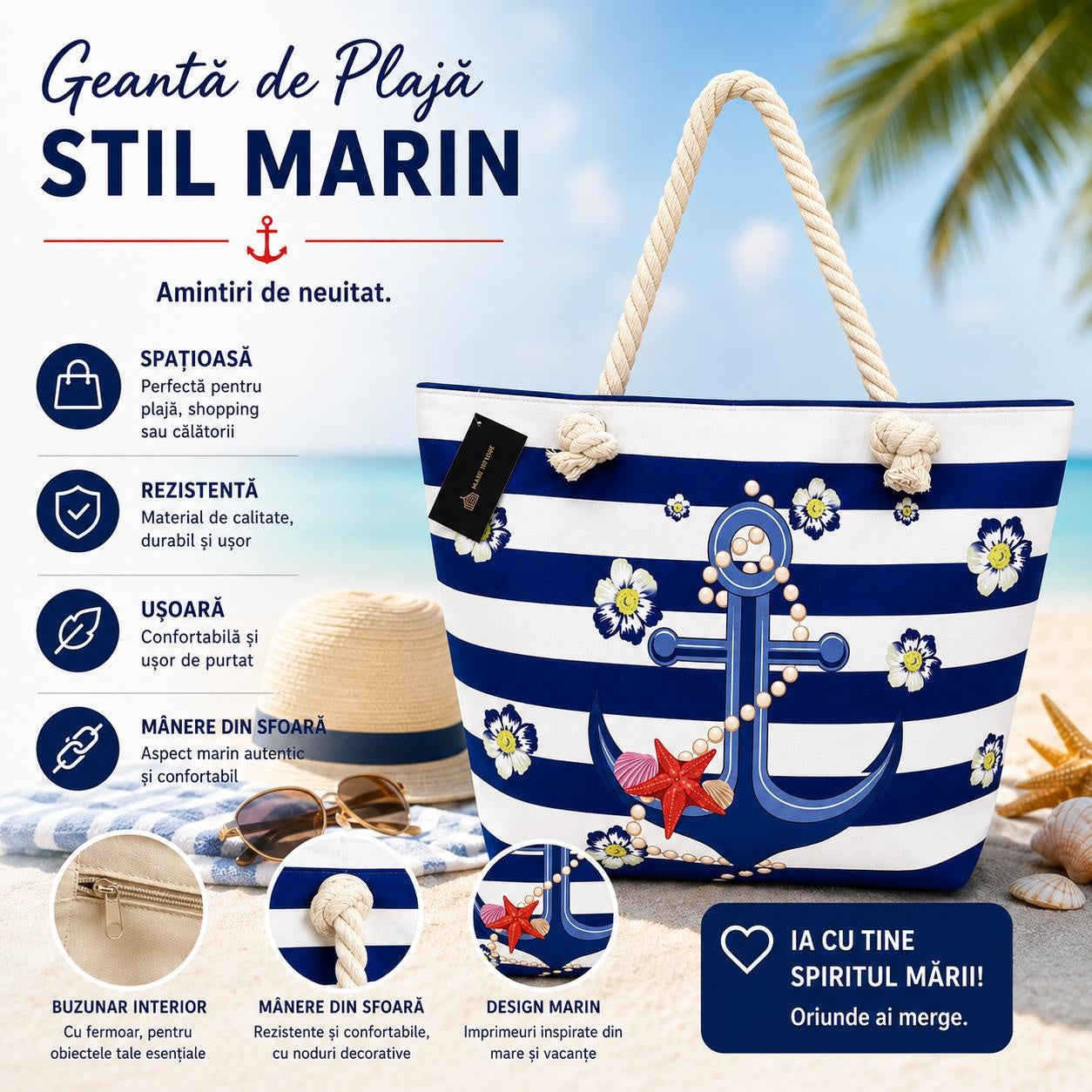Geantă Mare de Plajă, Model Marin cu Ancoră și Dungi Albastre – Geantă Spațioasă de Vară