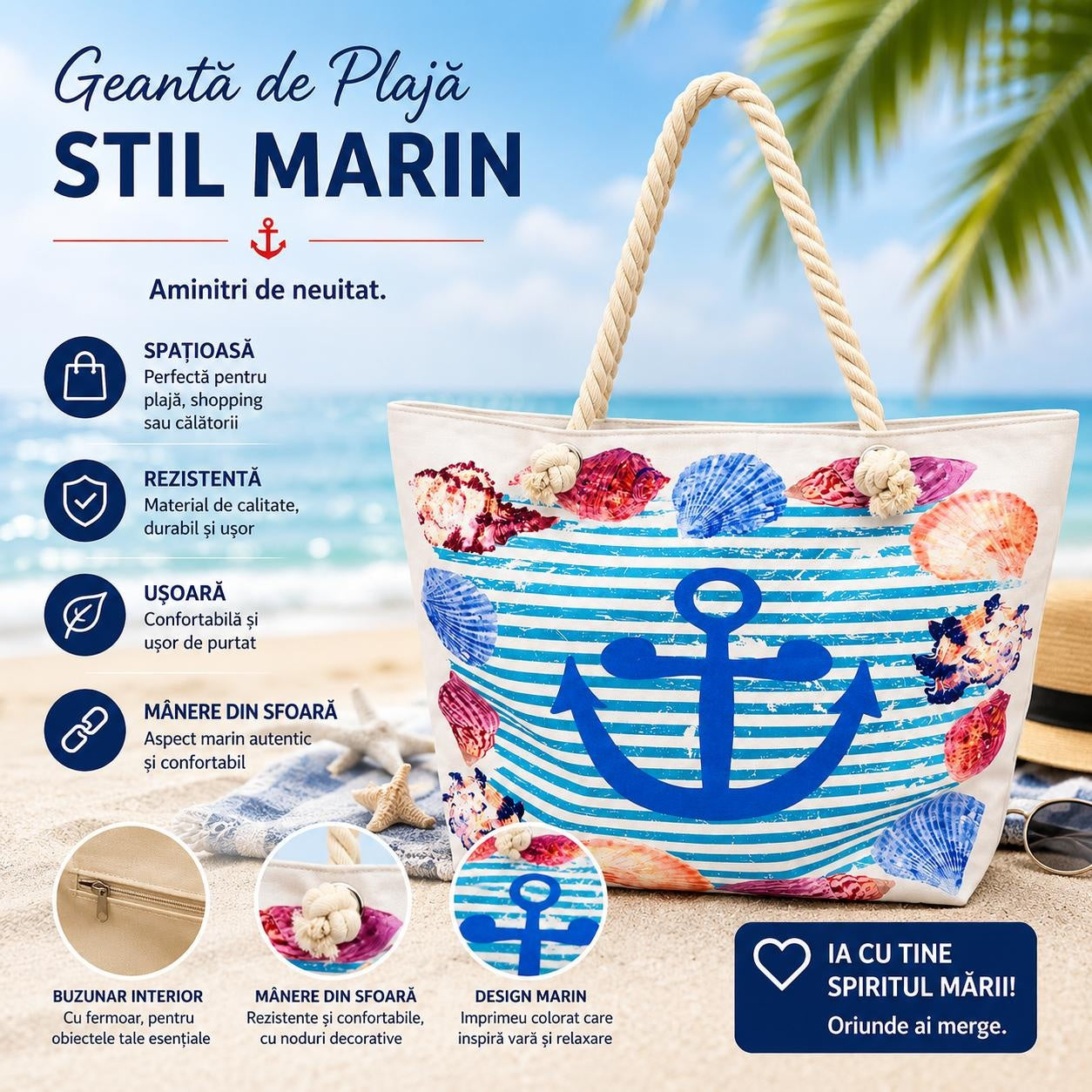 Geantă Mare de Plajă, Model Marin cu Ancoră și Scoici – Geantă de Umăr Spațioasă