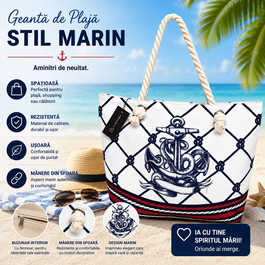 Geantă Mare de Plajă Stil Marin cu Ancoră – Geantă de Umăr cu Mânere din Sfoară