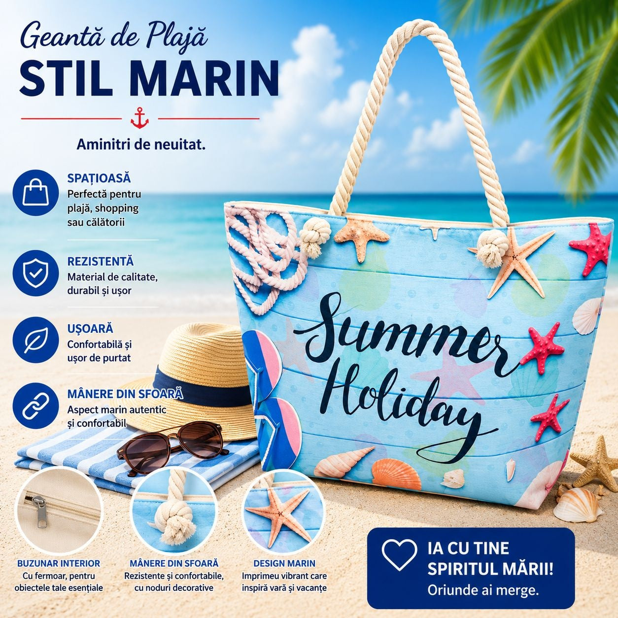 Geantă Mare de Plajă Summer Holiday – Geantă Spațioasă cu Mânere din Sfoară
