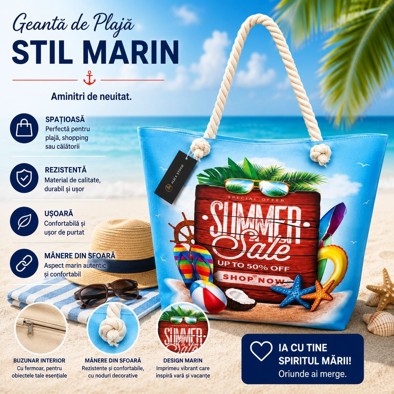 Geantă Mare de Plajă Summer Sale – Tote Spațioasă cu Design de Vară și Mânere din Sfoară