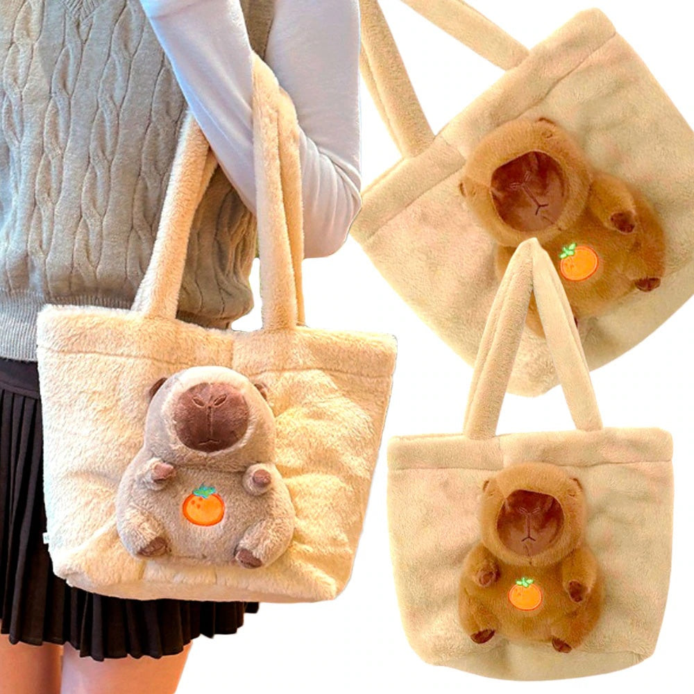 Geanta Pufos Tote pentru Fete, Model Ursulet cu Portocala, 45x30 cm, Material Moale