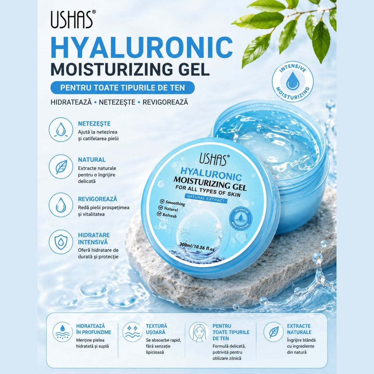 Gel Hidratant cu Acid Hialuronic USHAS 300ml – Hidratare Intensivă, Revitalizare și Catifelare