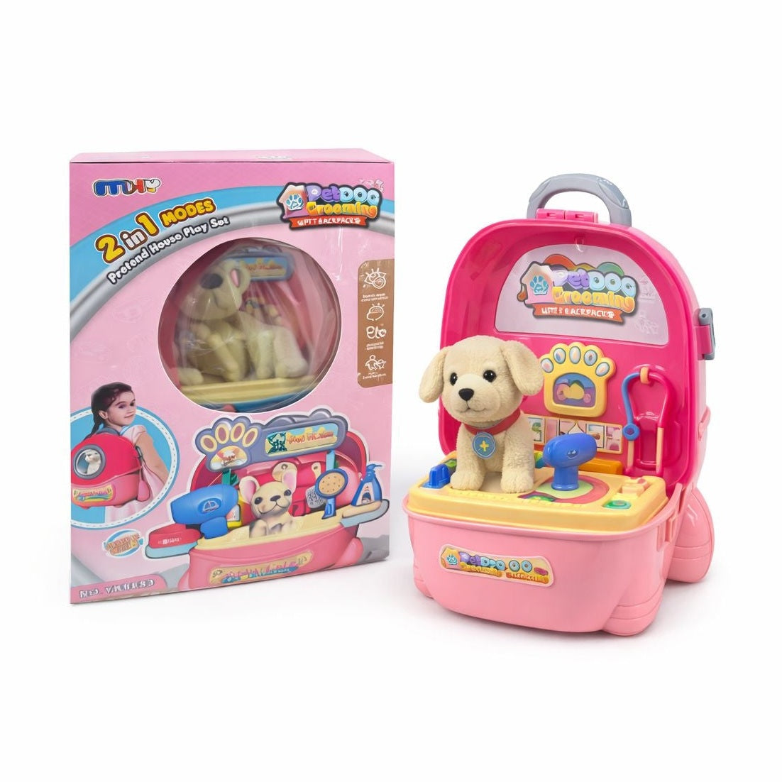 Ghiozdan jucarie 2 in 1, salon ingrijire animale cu catel, 32.6cm