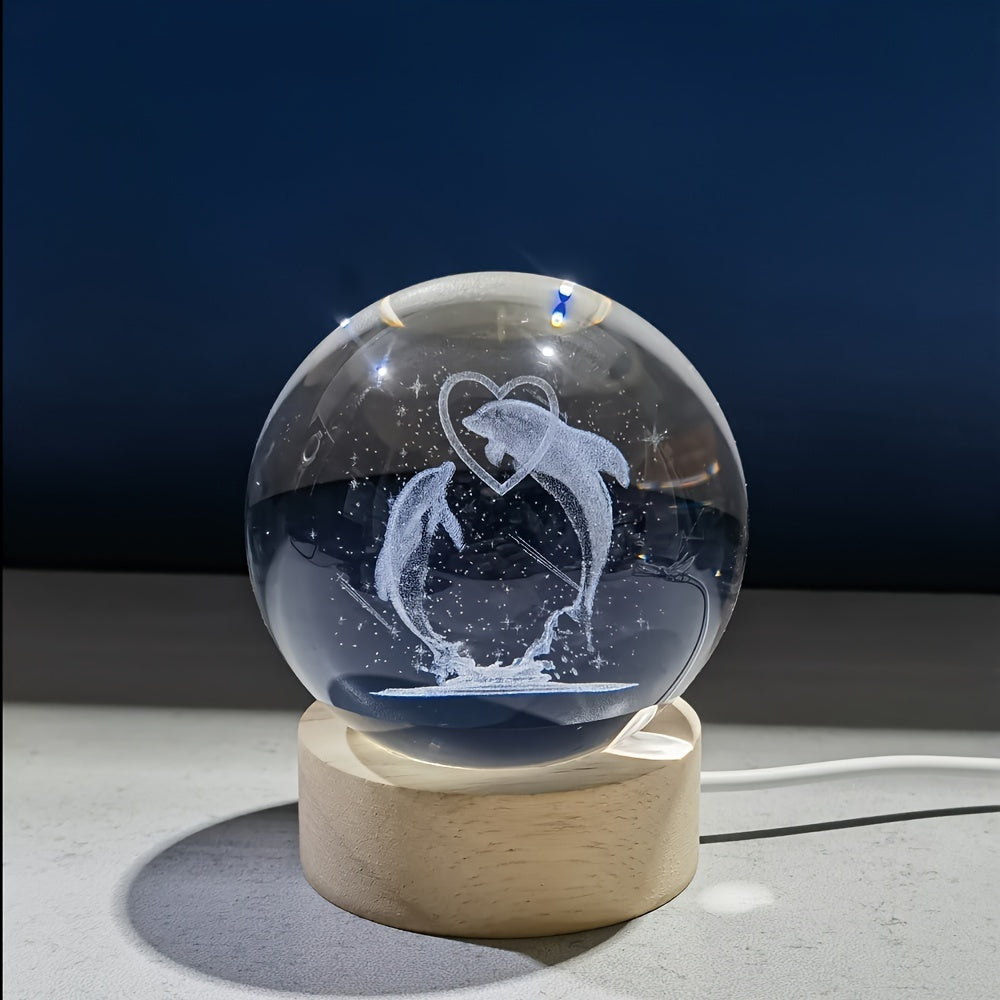 Glob Cristal 3D Delfini 8 cm, cu LED si Baza Lemn, Lampa Decor Marina