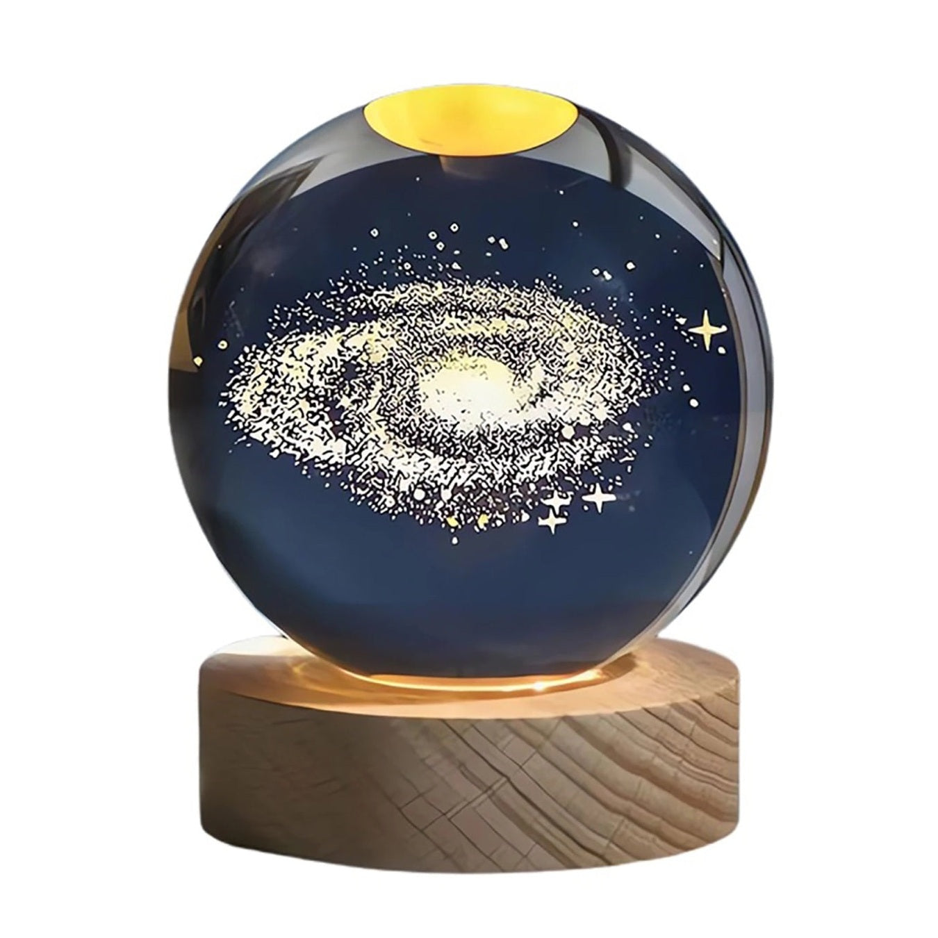 Glob Cristal 3D Galaxie cu Baza Lemn si Lumina LED, Decor Premium, 6 cm
