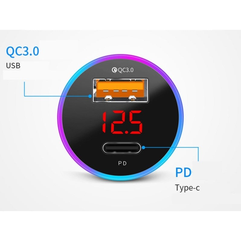 Incarcator Auto 2 in 1, , Port USB Fast Charge QC3.0 si Type C, PD 20W, Negru