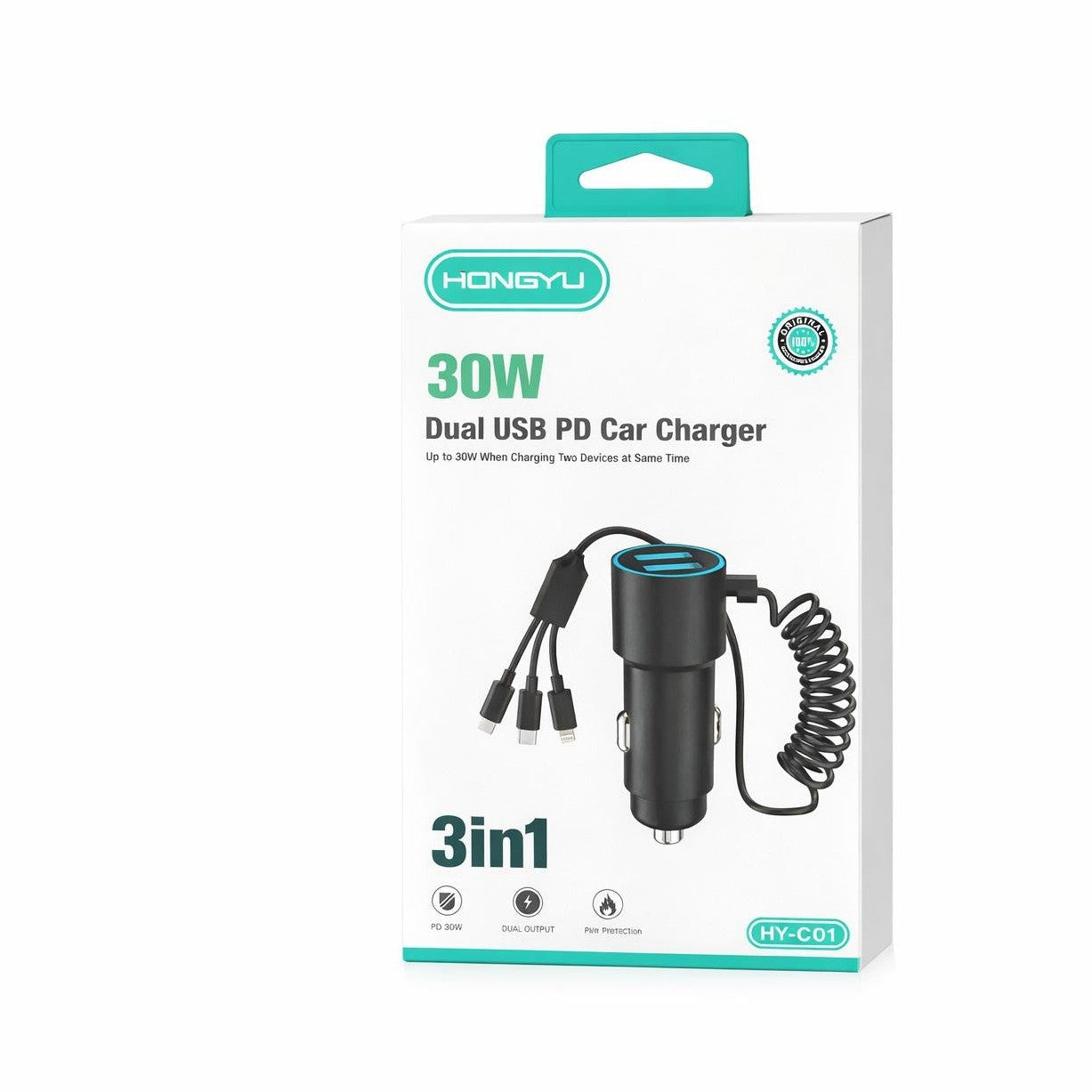 Încărcător auto Hongyu HY-C01 30W PD Dual USB cu cablu 3-în-1 integrat, încărcare rapidă 3.0A