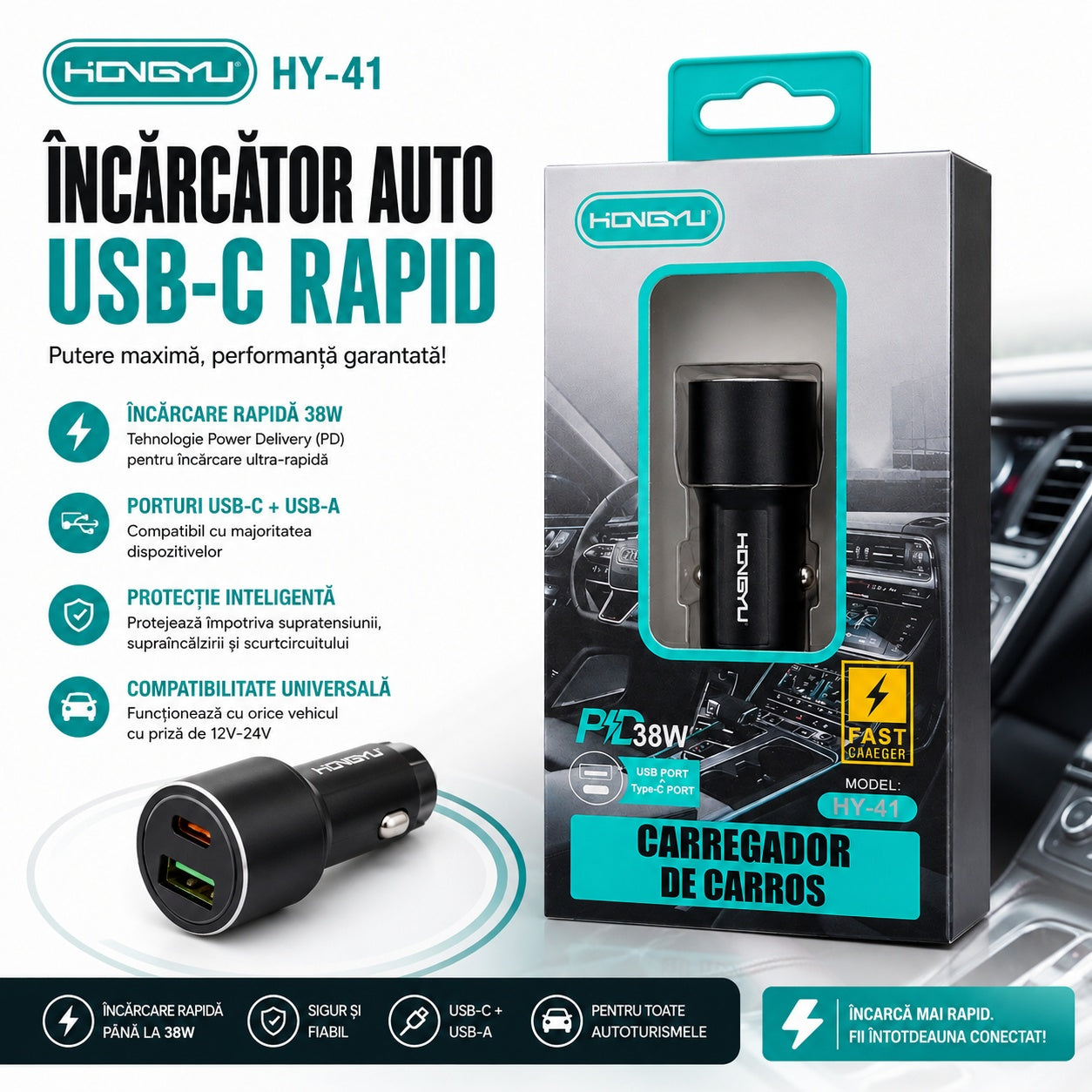 Încărcător Auto USB-C Rapid 38W – Adaptor Auto Fast Charge pentru Telefon, Tabletă și GPS