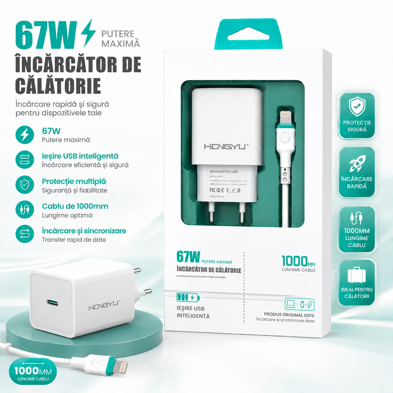 Încărcător Telefon Rapid 67W cu Cablu Lightning 1000 mm – Încărcare Rapidă și Sigură