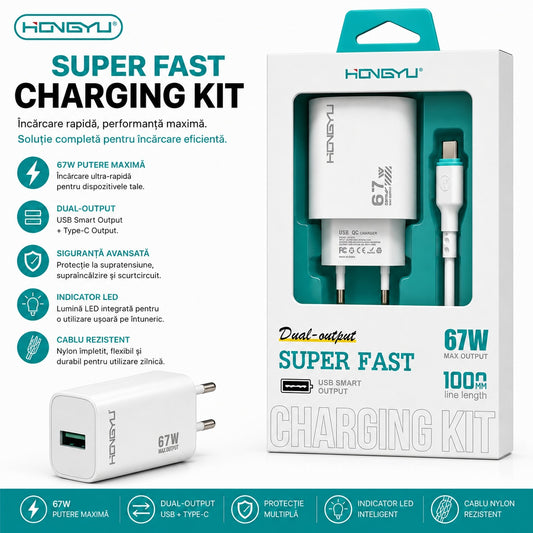 Încărcător Telefon Rapid 67W cu USB și USB-C, Dual Output, Cablu Inclus – Super Fast Charging Kit