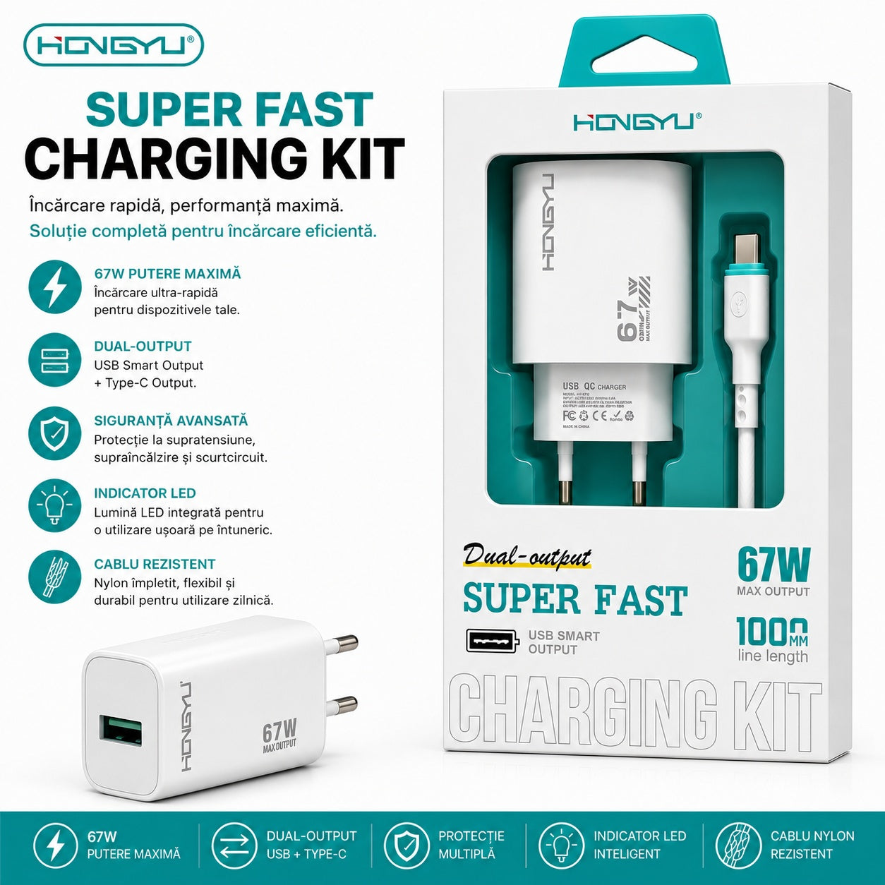 Încărcător Telefon Rapid 67W cu USB și USB-C, Dual Output, Cablu Inclus – Super Fast Charging Kit