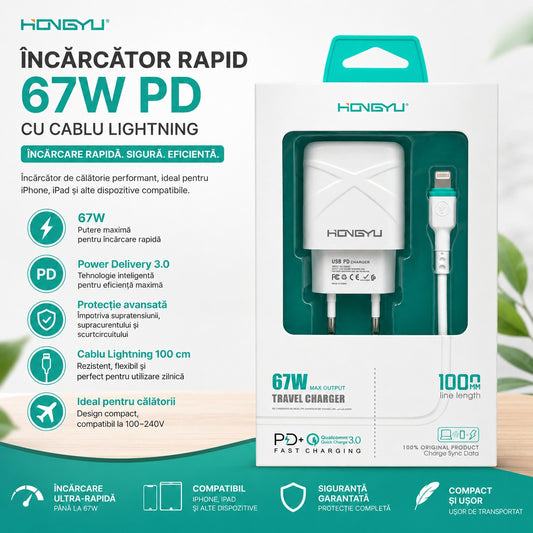 Încărcător Telefon Rapid 67W PD cu Cablu Lightning – USB-C Incarcare Rapida