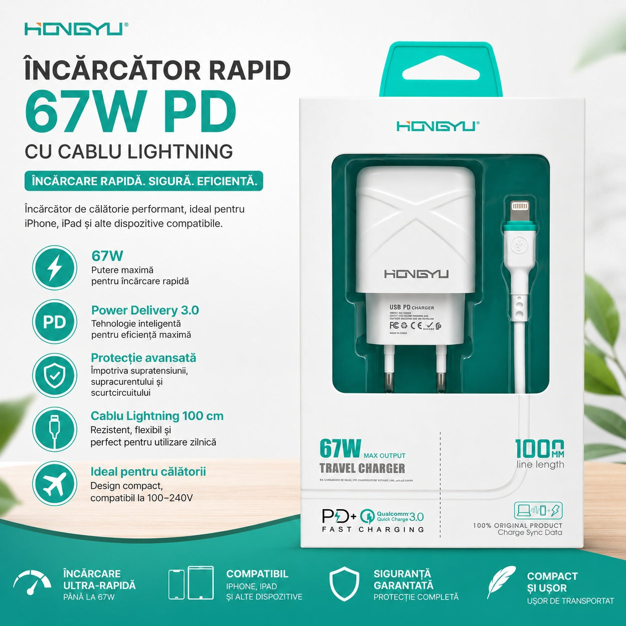 Încărcător Telefon Rapid 67W PD cu Cablu Lightning – USB-C Incarcare Rapida