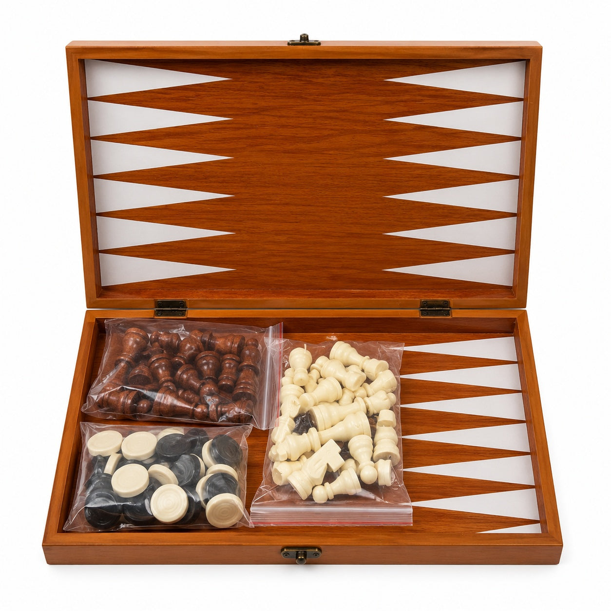 Joc 3 in 1 Sah, Table si Dame din Lemn maro deschis 50x40 cm Set Complet pentru Familie
