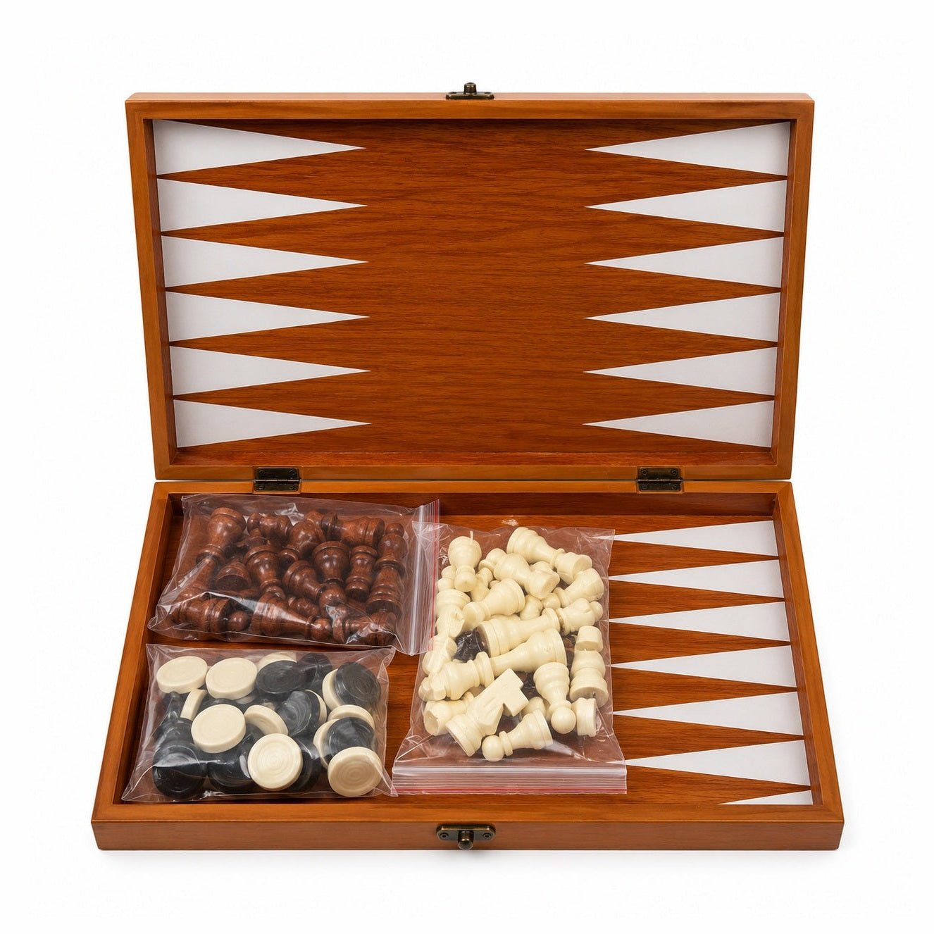 Joc 3 in 1 Sah, Table si Dame din Lemn maro deschis 50x40 cm Set Complet pentru Familie