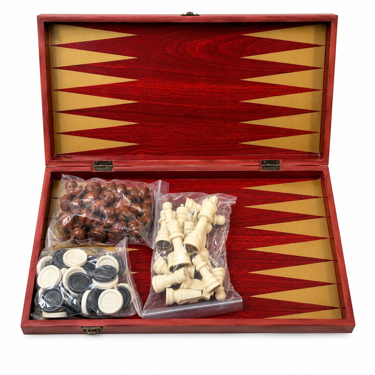 Joc 3 in 1 Sah, Table si Dame din Lemn maro inchis 50x40 cm Set Complet pentru Familie