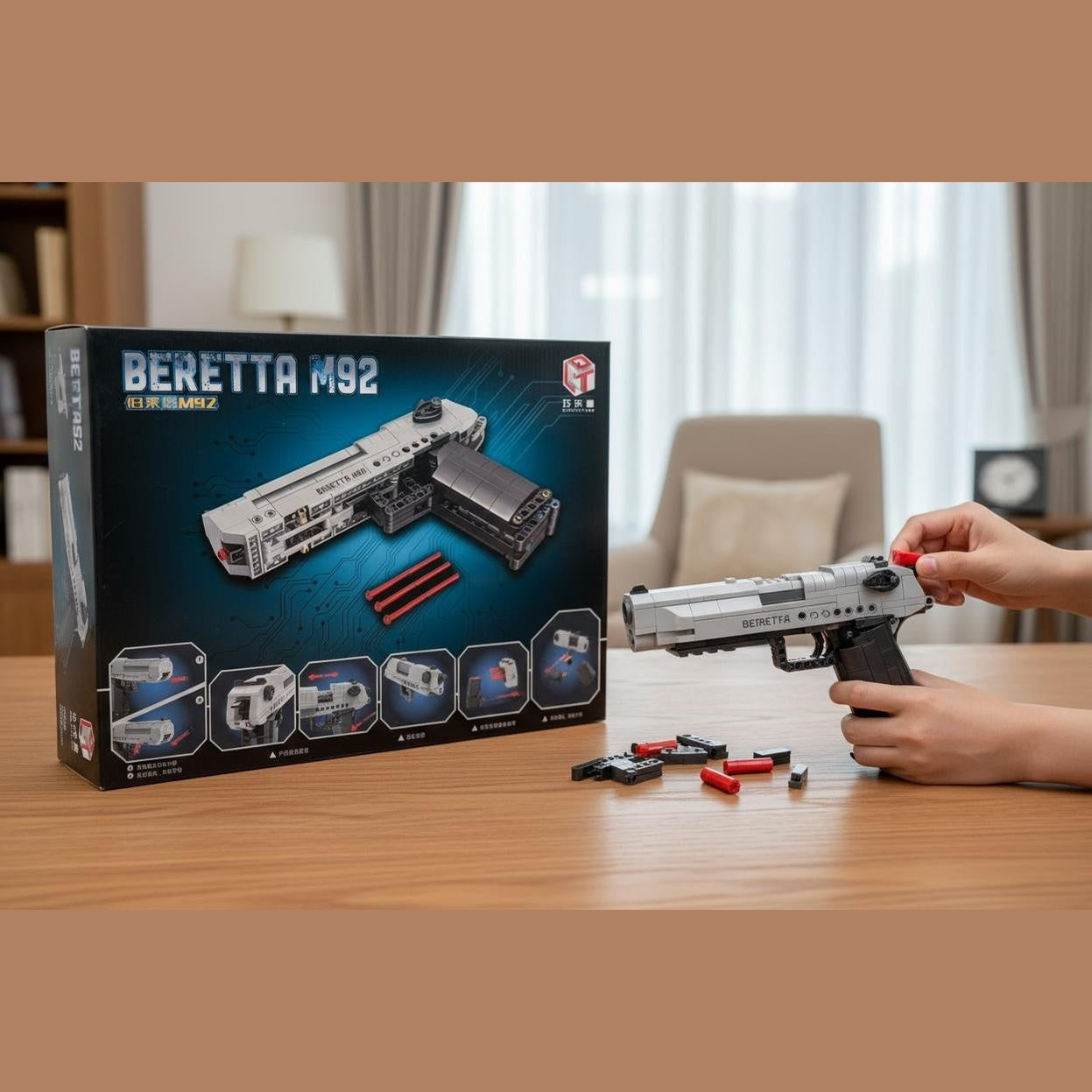 JOC DE CONSTRUCTIE PENTRU COPII MODEL PISTOL BERETTA M92, 349 PIESE, 36.5x27.5cm