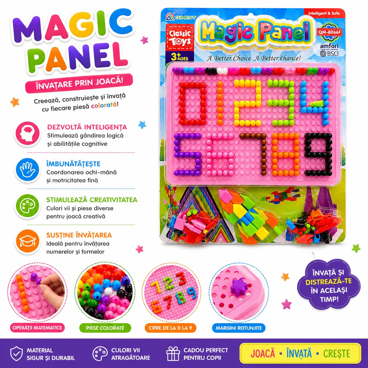 Joc Educativ Copii cu Pioni Colorati și Tablă Roz – Magic Panel cu Forme