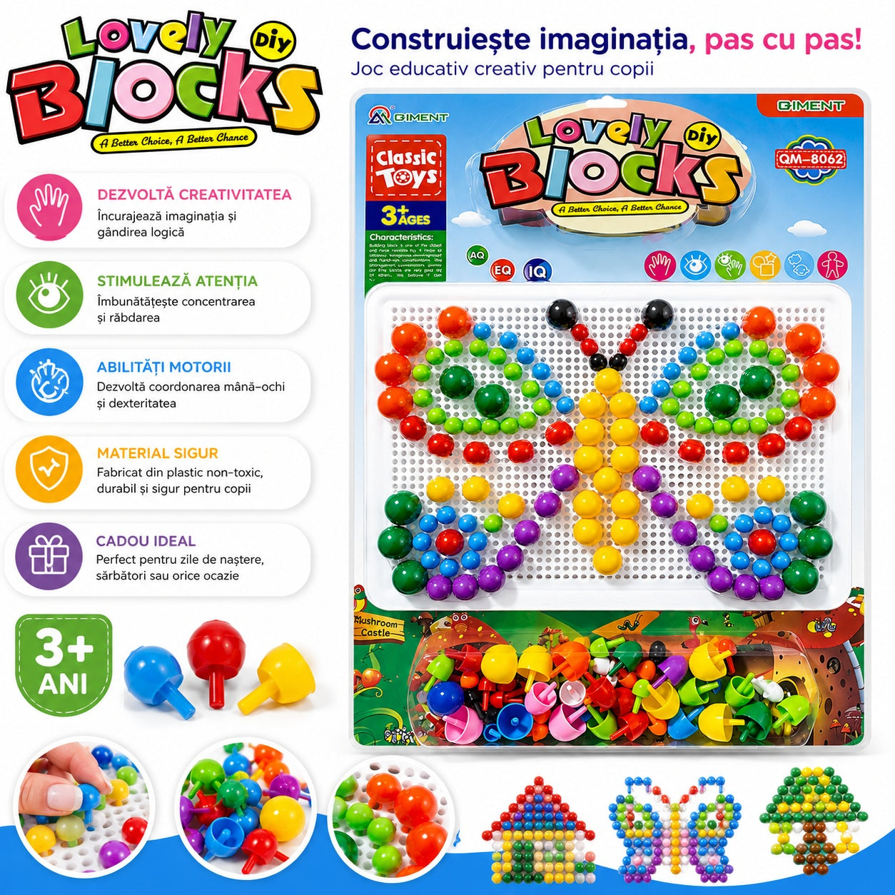 Joc Educativ cu Pioni pentru Copii 3+ Ani – Model Fluture cu Tablă Albă DIY