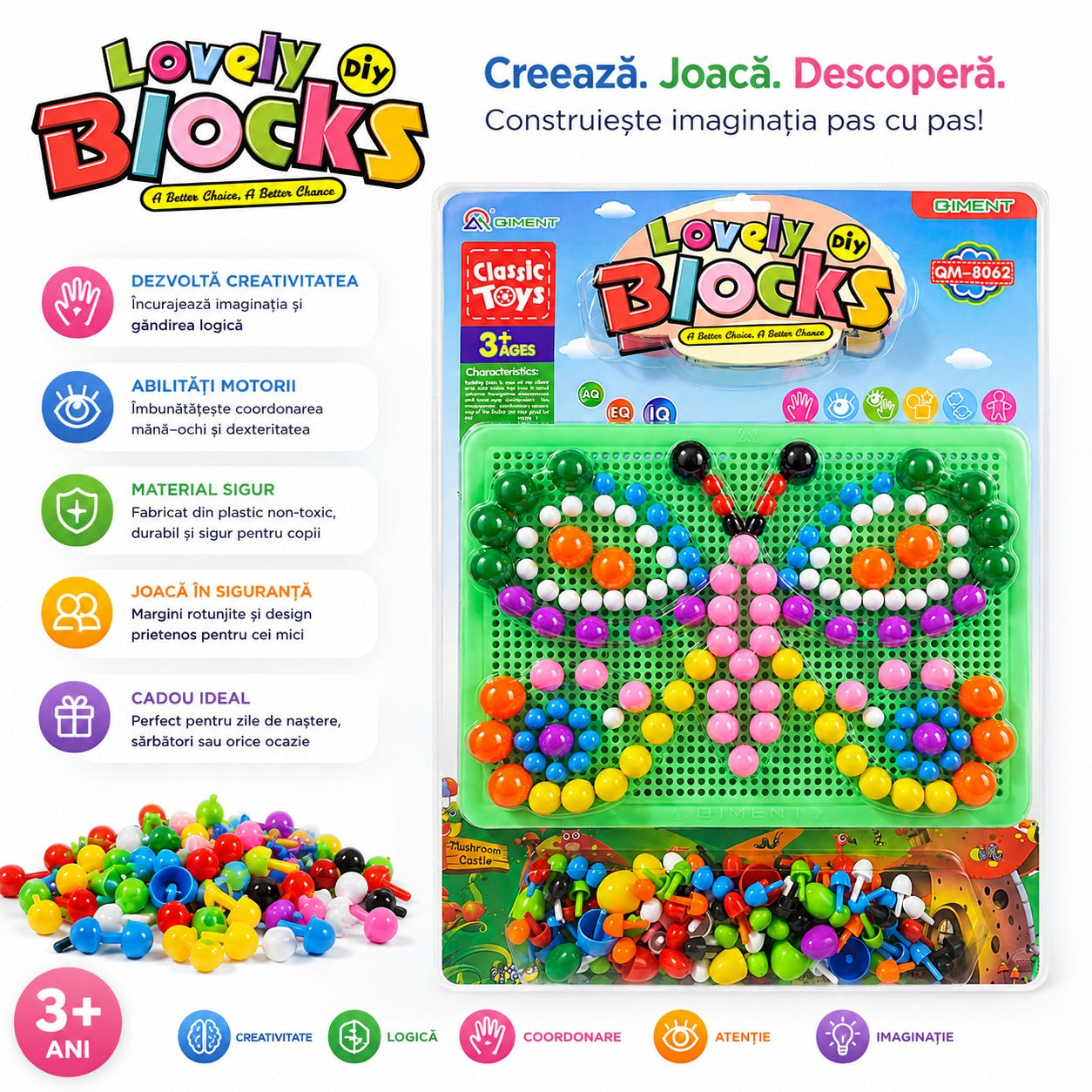 Joc Educativ cu Pioni pentru Copii , model fluture cu tabla verde – Set Creativ și Educativ