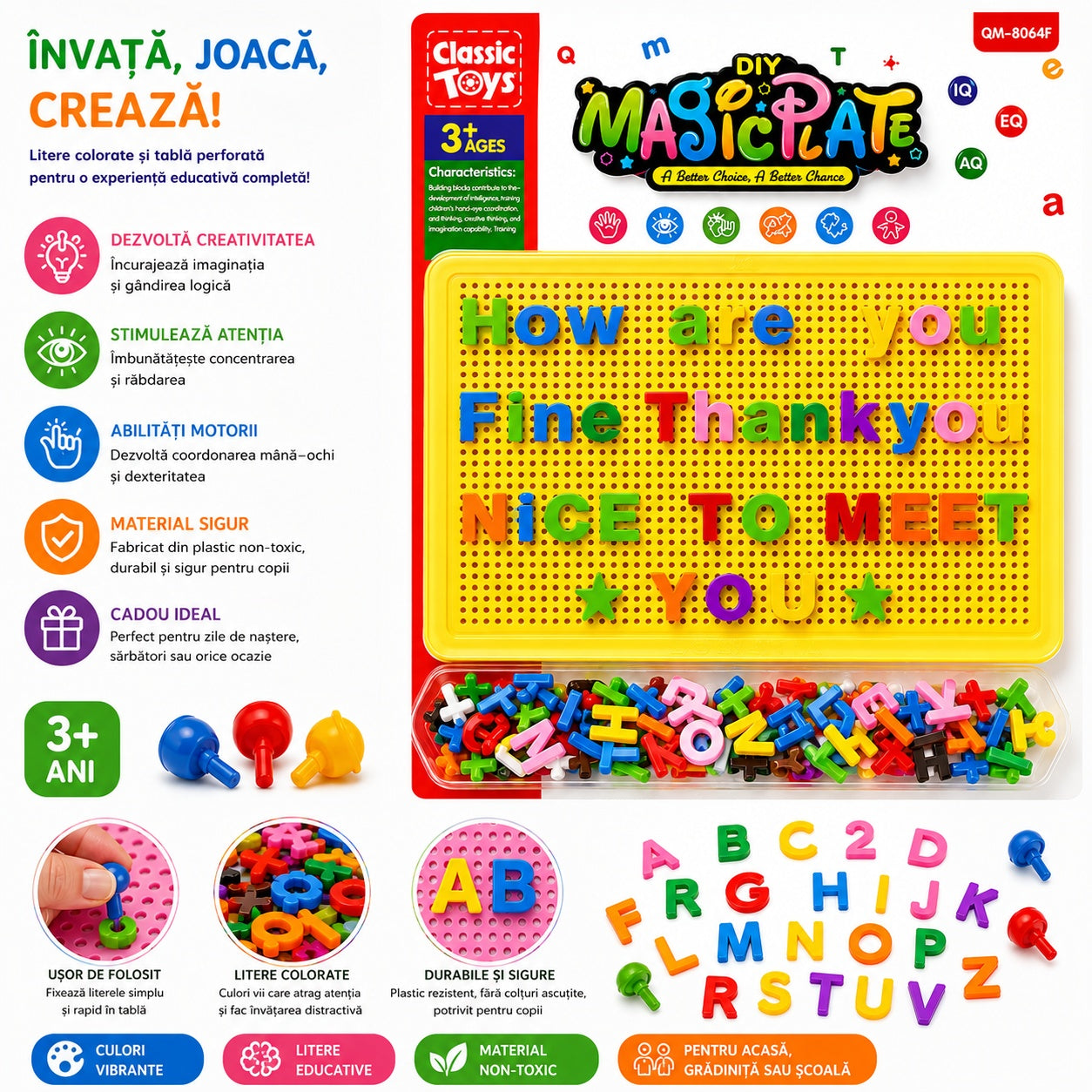 Joc Educativ cu Pioni și Litere pentru Copii 3+ Ani – Tablă Galbenă DIY