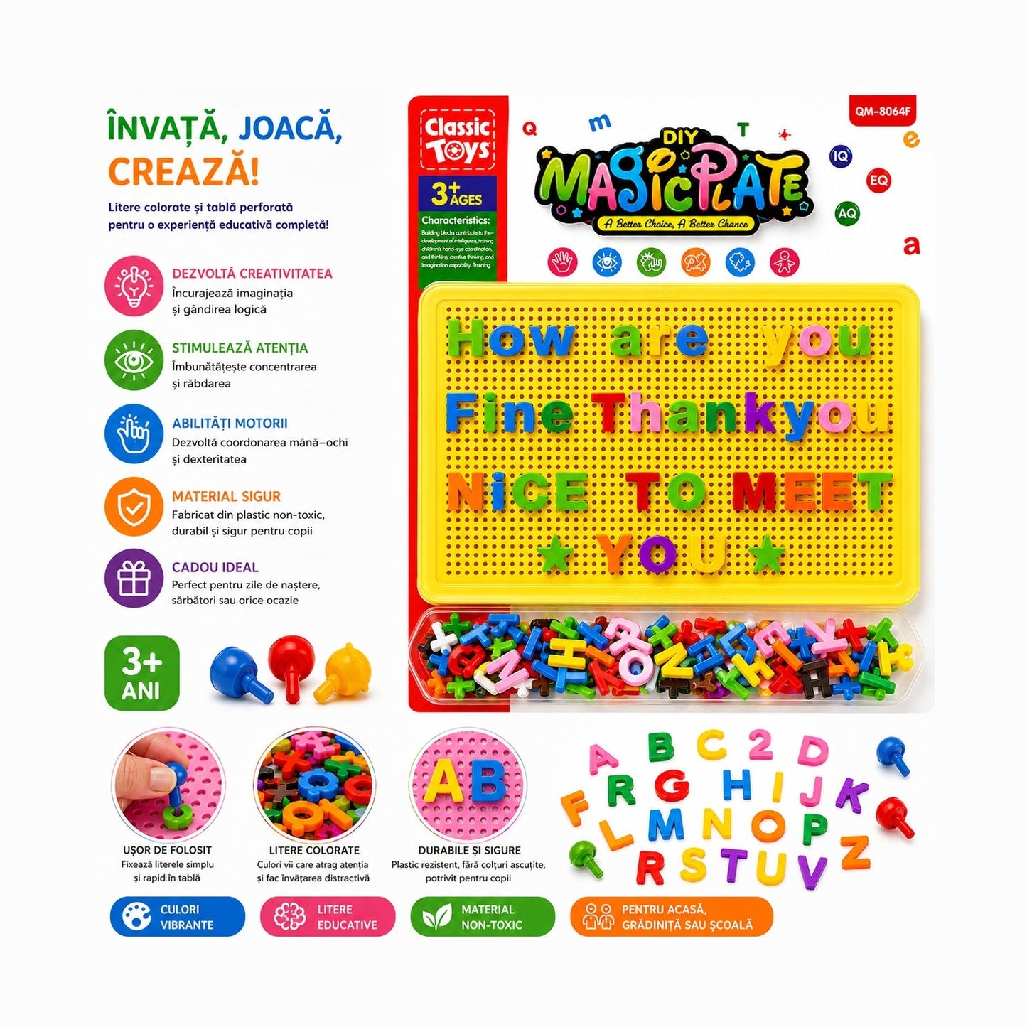 Joc Educativ cu Pioni și Litere pentru Copii 3+ Ani – Tablă Galbenă DIY