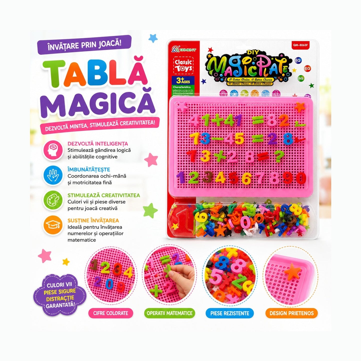 Joc Educativ pentru Copii cu Cifre și Pioni – Tablă Roz Interactivă pentru Matematică
