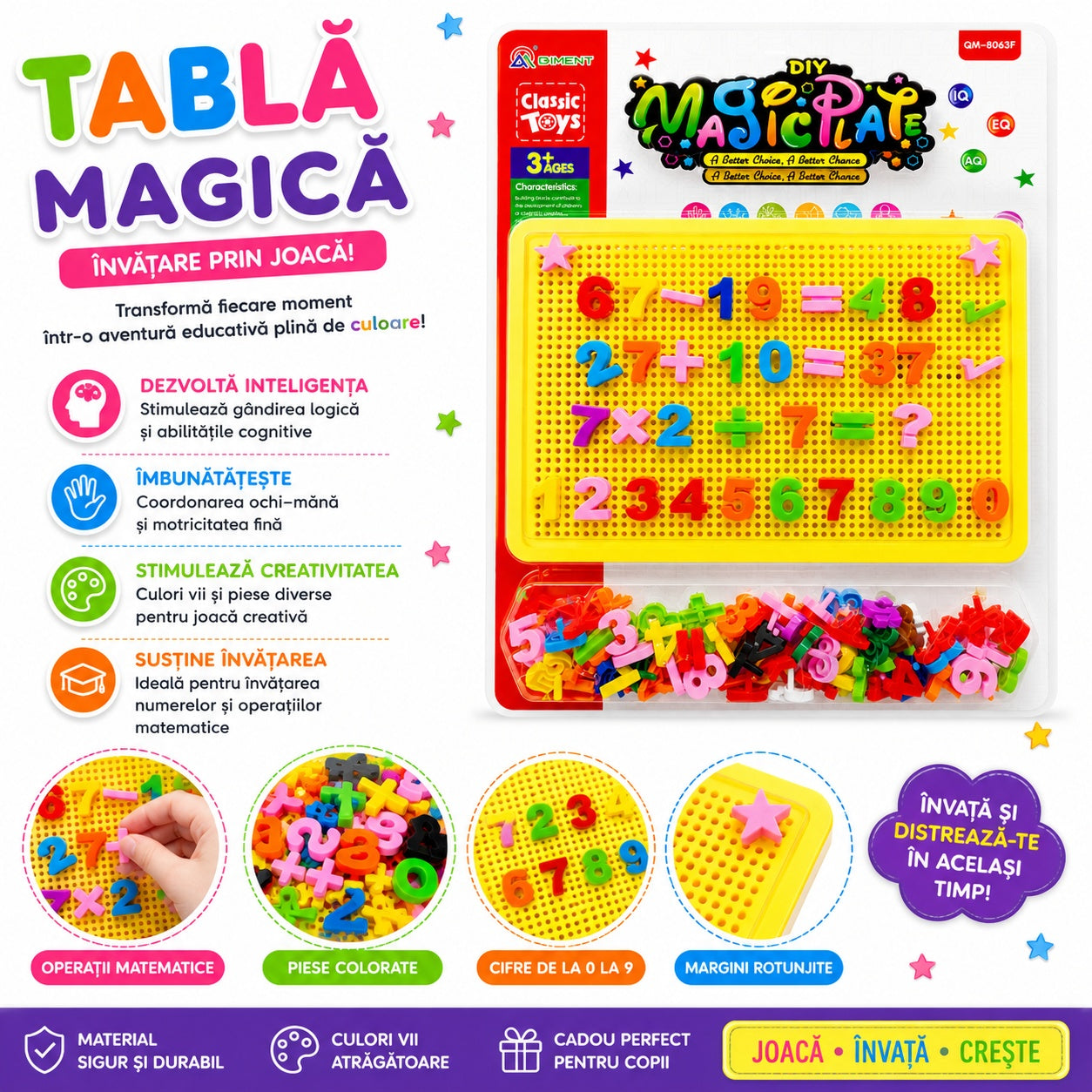 Joc Educativ pentru Copii cu Cifre și Tablă cu Pioni Galbenă – Set Interactiv de Matematică