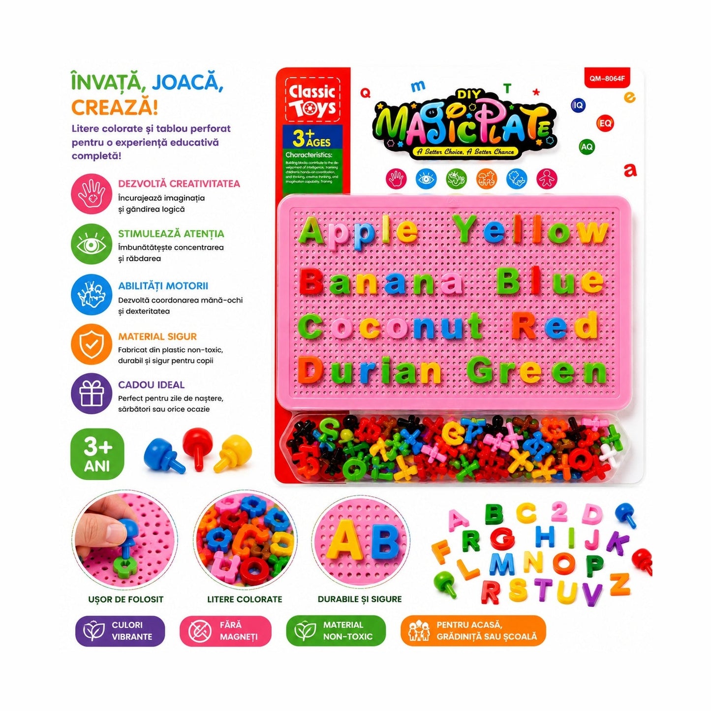 Joc Educativ pentru Copii cu Pioni și Litere Colorate – Tablă Roz Perforată, 3+ Ani