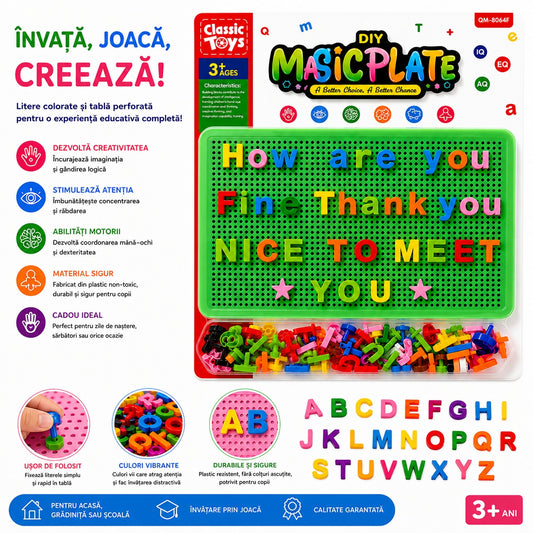 Joc Educativ pentru Copii cu Pioni și Litere Colorate – Tablă Verde Perforată, 3+ Ani