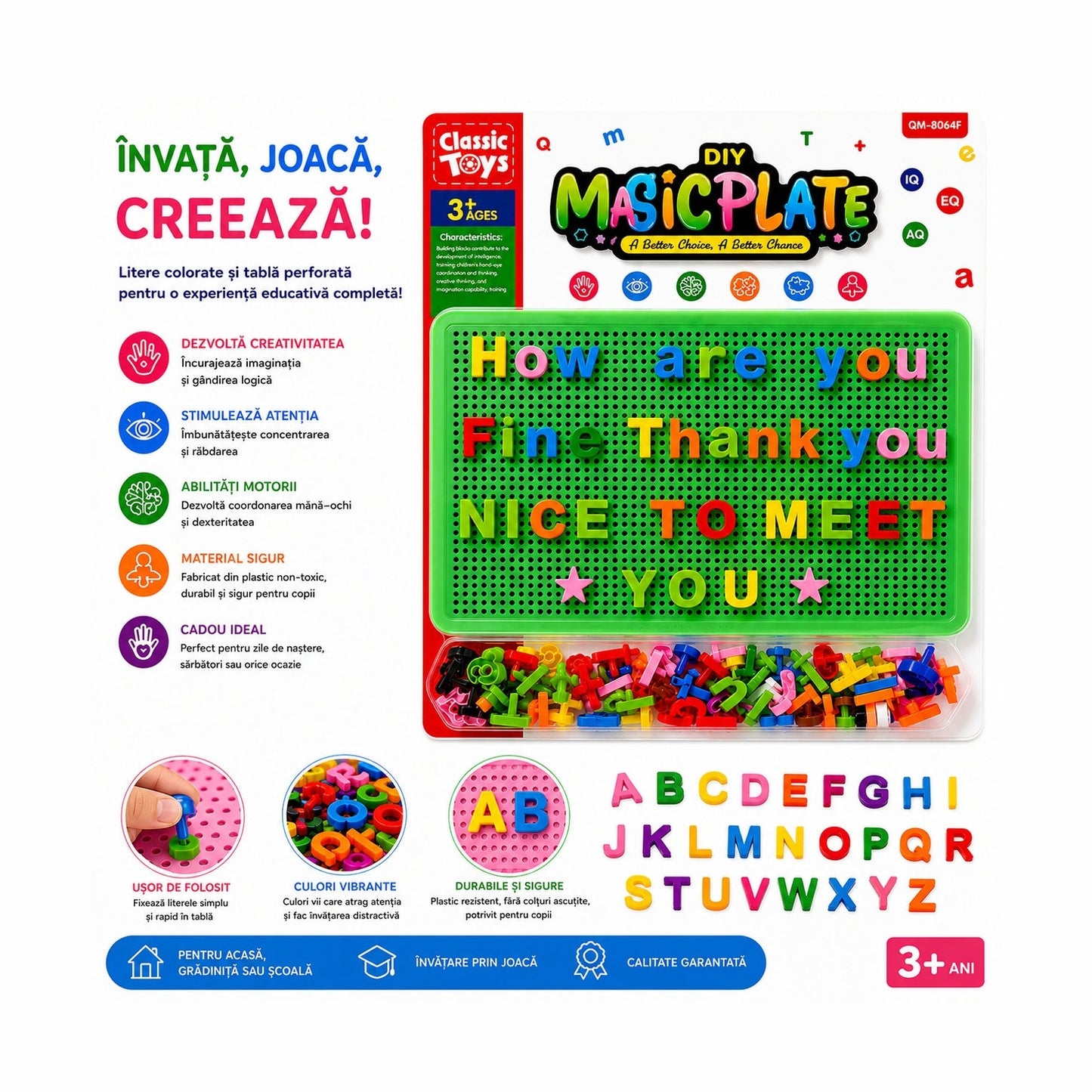Joc Educativ pentru Copii cu Pioni și Litere Colorate – Tablă Verde Perforată, 3+ Ani