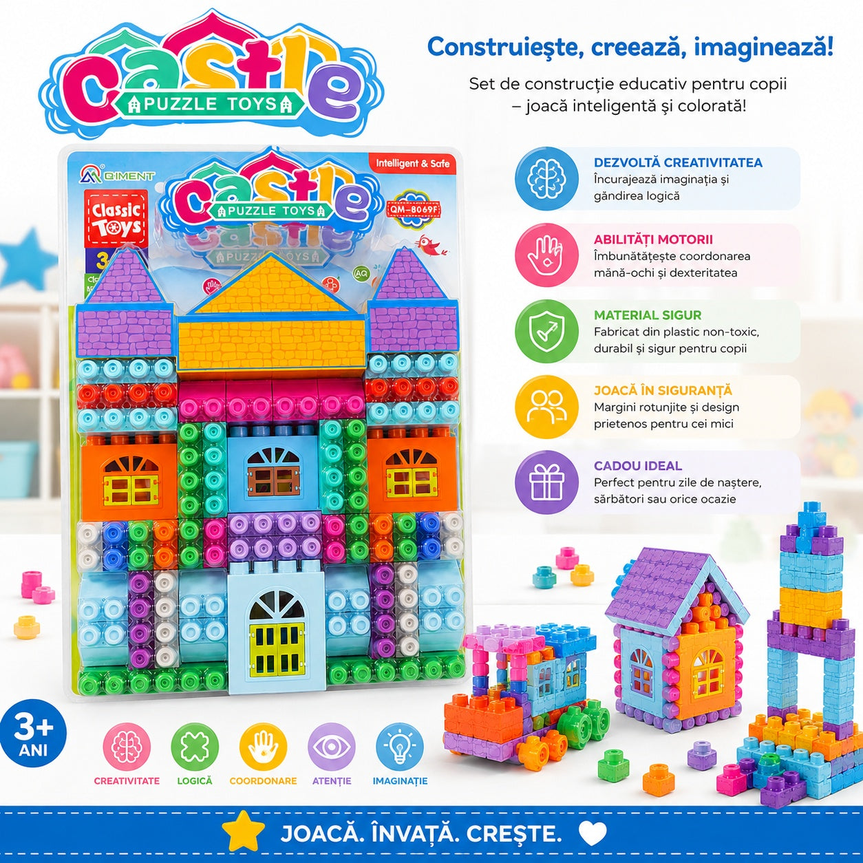 Joc Puzzle de Construcție pentru Copii, model castel – Set Educațional Colorat cu Piese Creative