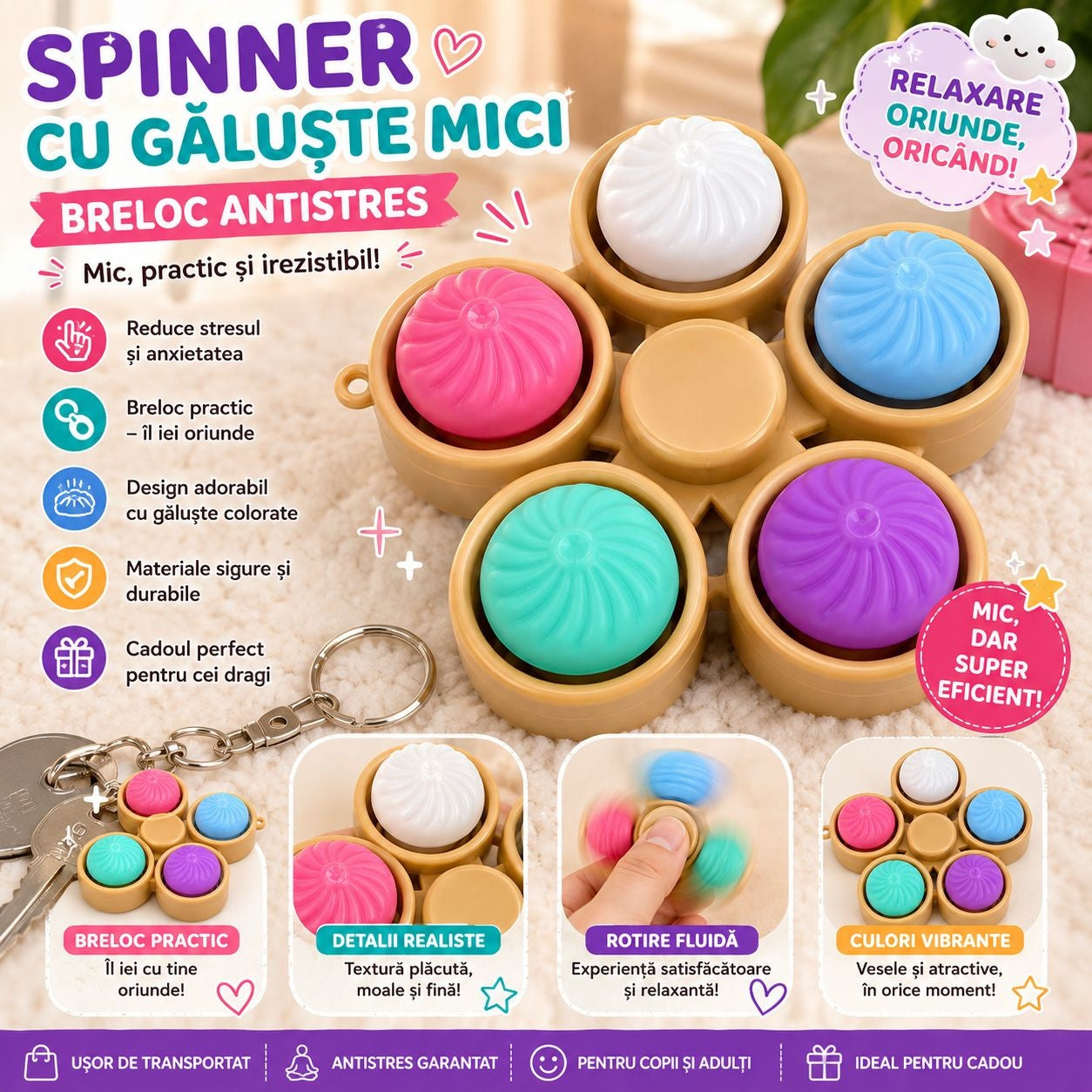 Jucărie Antistres Breloc Spinner cu 5 Butoane Dumpling pentru Relaxare și Concentrare