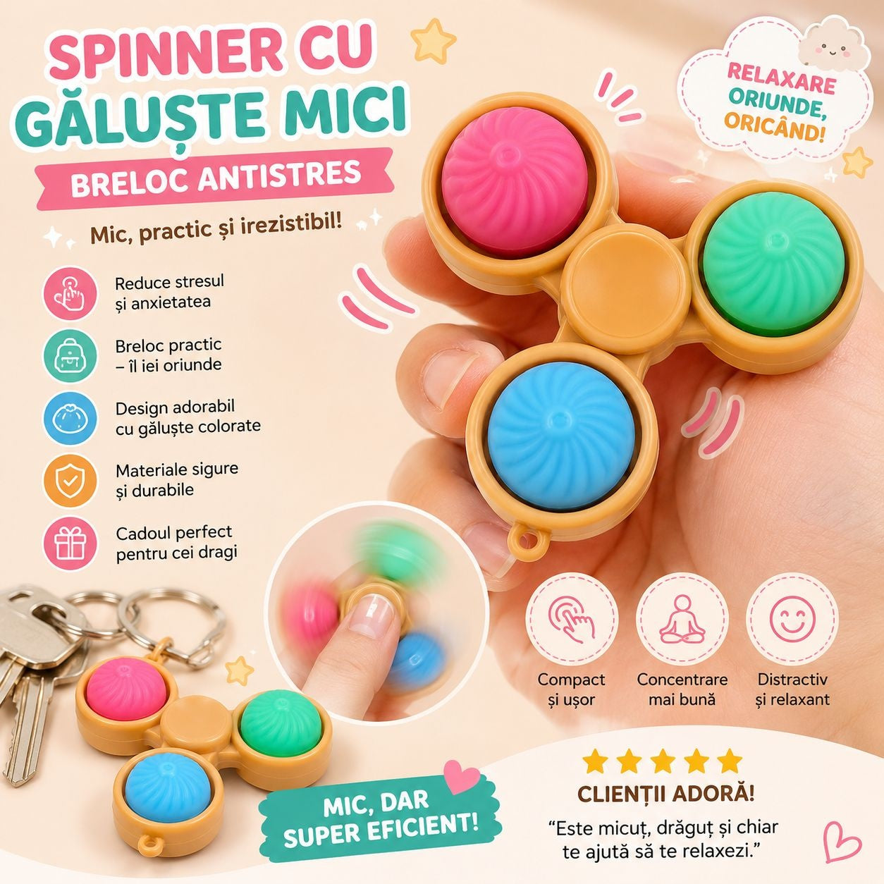 Jucărie Antistres Breloc Spinner cu Butoane Dumpling pentru Relaxare și Concentrare