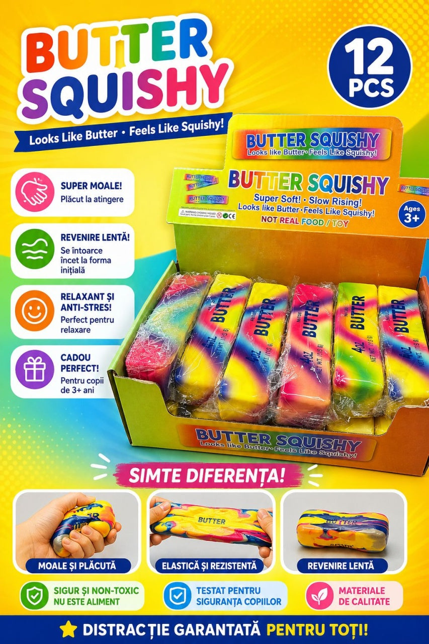 Jucarie antistres Butter Squishy 13cm, model pachet de unt rainbow marble, slow rising