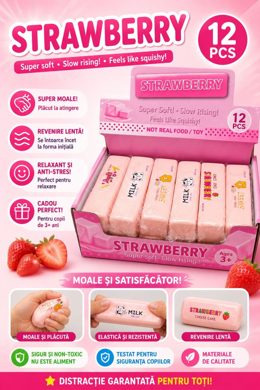 Jucarie antistres Butter Squishy 13cm, model Strawberry Milkshake, super moale, slow rising