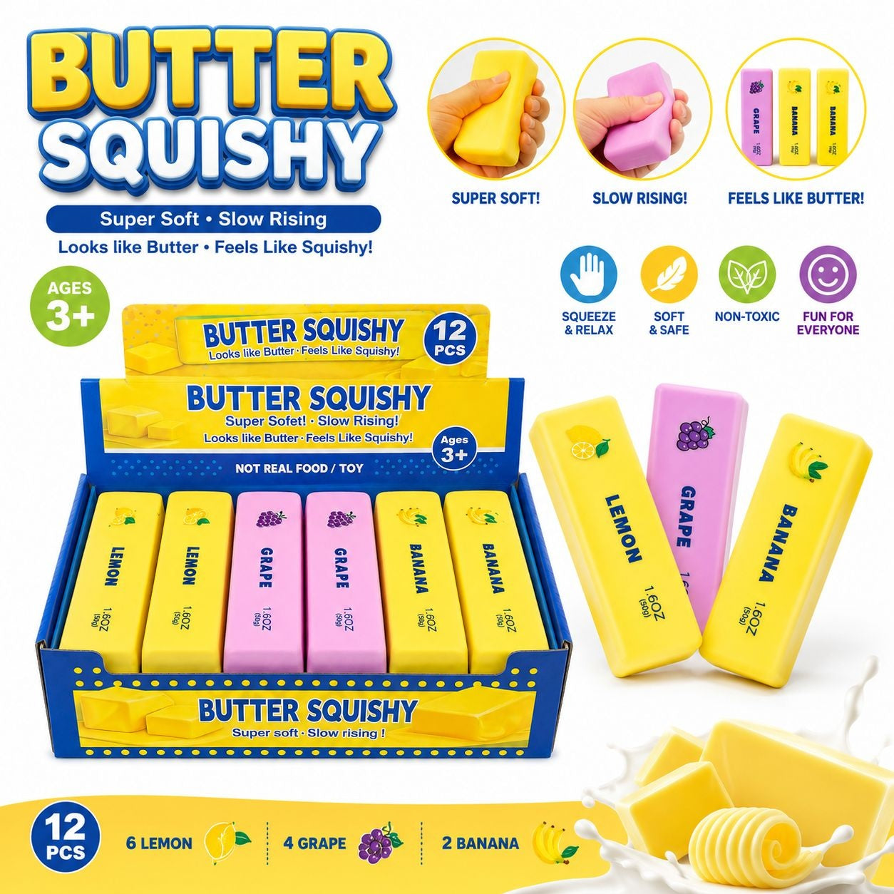 Jucărie Antistres Butter Squishy Aromat , 13cm– Squishy în Formă de Unt, Slow Rising, Diverse Arome