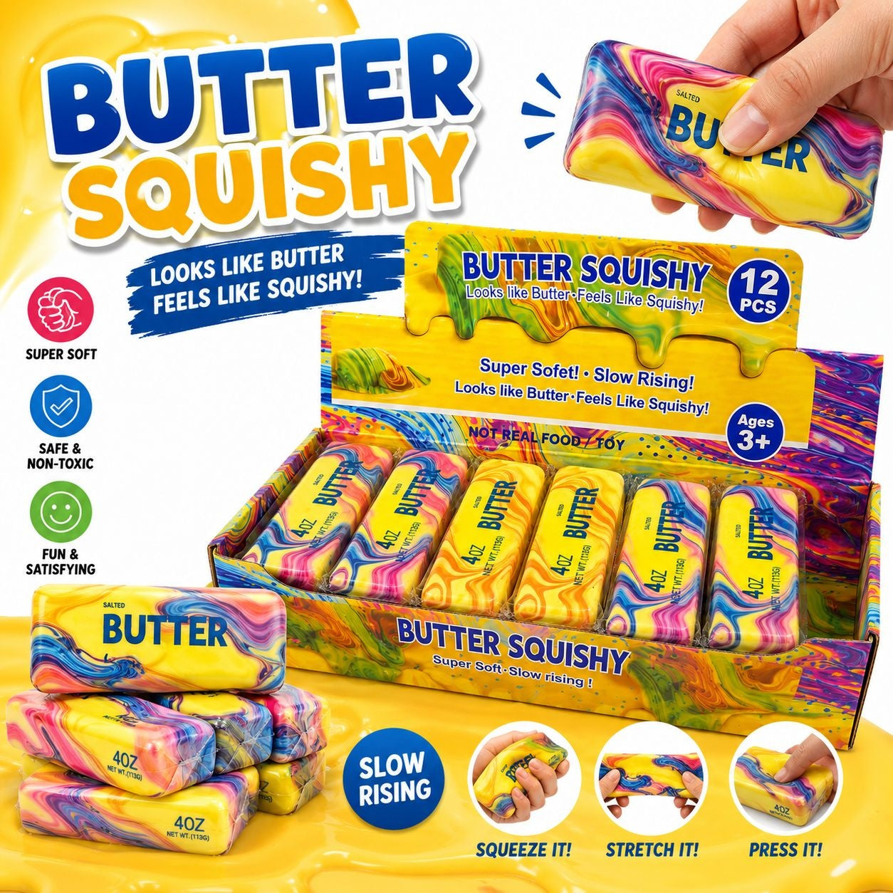 Jucărie Antistres Butter Squishy Curcubeu 13cm – Squishy în Formă de Pachet de Unt, Super Moale, Slow Rising